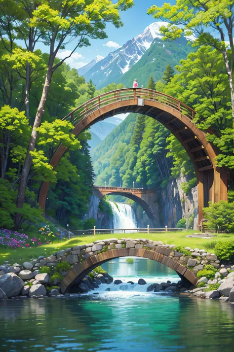 Capture the beauty of a picturesque mountain landscape with a realistic painting featuring a gracefully arched wooden bridge over a swiftly flowing river. The lush green surroundings, vivid wildflowers, and snow-capped mountains in the backdrop create a tr...