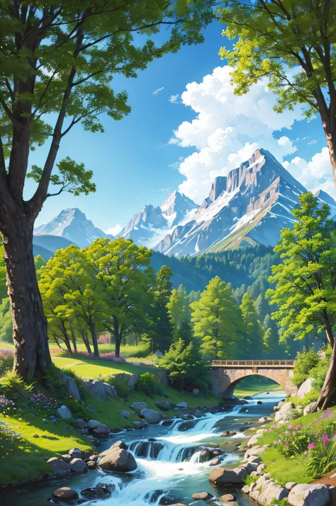 Capture the beauty of a picturesque mountain landscape with a realistic painting featuring a gracefully arched wooden bridge over a swiftly flowing river. The lush green surroundings, vivid wildflowers, and snow-capped mountains in the backdrop create a tr...