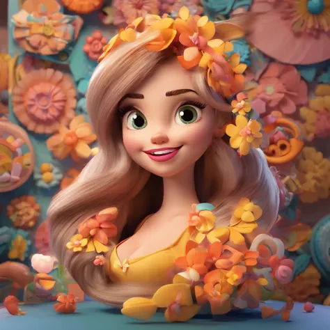 create a 3D movie poster inspired by Disney Pixar, The scene should be in Pixars signature digital art style, com uma imagem caricatural de uma mulher de pele branca, com cabelo preto encaracolado, sorrindo enquando mostra o trabalho ama  fazer. She is an ...