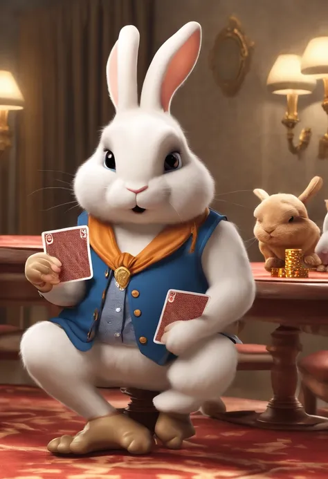 (((Cartoon Character 1.3)))，(((Playing poker)))，(((Four cute bunnies：1.4)))，He wears a big gold medal around his neck，The rabbit wears a speckled vest，Denim shorts on the bottom，Long white hair that floated up，Naughty expression，HD Real，Black eyes，Flying f...