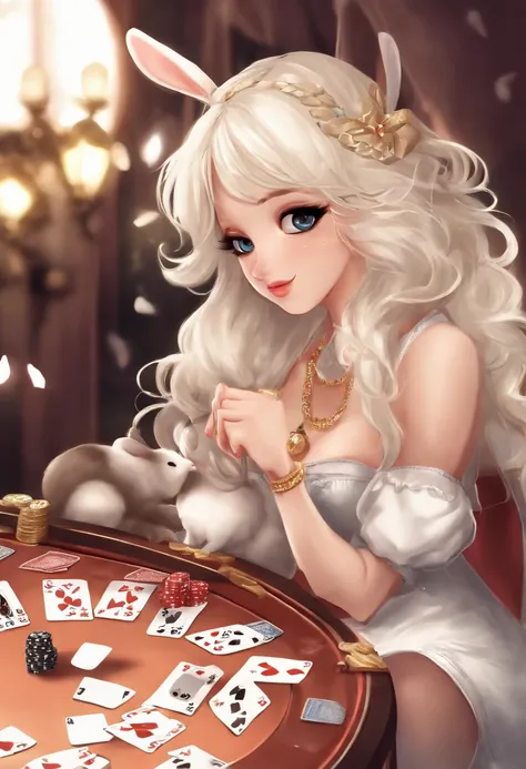 (((Cartoon Character 1.3)))，(((Playing poker)))，(((Four cute bunnies：1.4)))，He wears a big gold medal around his neck，The rabbit wears a speckled vest，Denim shorts on the bottom，Long white hair that floated up，Naughty expression，HD Real，Black eyes，Flying f...