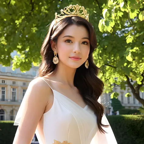 ​masterpiece、top-quality、ultra-detailliert、long wavy white hair、Big moss-green eyes、Pure white and transparent to the touch。For a party dress with velvet texture in Bordeaux color、Lavishly decorated with gold and amethyst。Sweet peas and rose flowers and le...