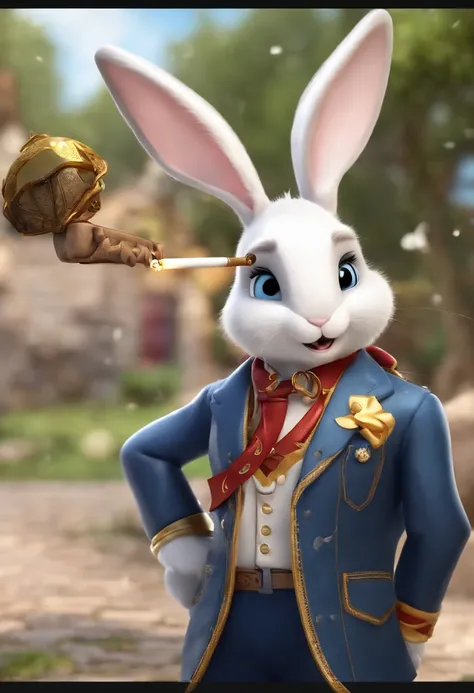 (((Cartoon Character 1.3)))，(((Smoking)))，(((A cute bunny：1.4)))，He wears a big gold medal around his neck，The rabbit wears a speckled vest，Denim shorts on the bottom，Naughty expression，HD Real，Black eyes，Flying figure，HD picture，Sony SLR lens，Shoot at med...