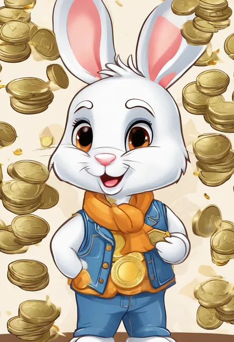 (((Cartoon Character 1.3)))，(((Counting money, counting money)))，(((A cute bunny：1.4)))，He wears a big gold medal around his neck，The rabbit wears a speckled vest，Denim shorts on the bottom，Naughty expression，HD Real，Black eyes，Flying figure，HD picture，Son...