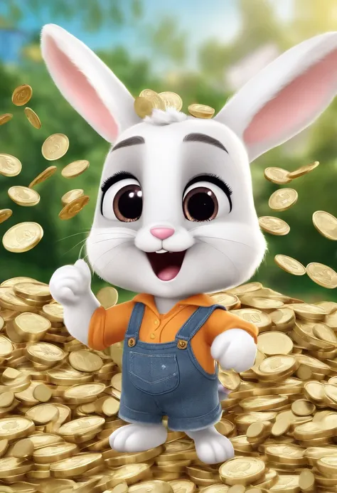 (((Cartoon Character 1.3)))，(((Counting money, counting money)))，(((A cute bunny：1.4)))，The rabbit wears a speckled vest，Denim shorts on the bottom，Naughty expression，HD Real，Black eyes，Flying figure，HD picture，Large areas of white space，Sony SLR lens，Shoo...