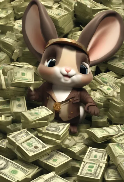 (((Cartoon Character 1.3)))，(((Counting money, counting money)))，(((A cute bunny：1.4)))，The rabbit wears a speckled vest，Denim shorts on the bottom，Naughty expression，HD Real，Black eyes，Flying figure，HD picture，1/3. Leave blank，Sony SLR lens，Shoot at mediu...