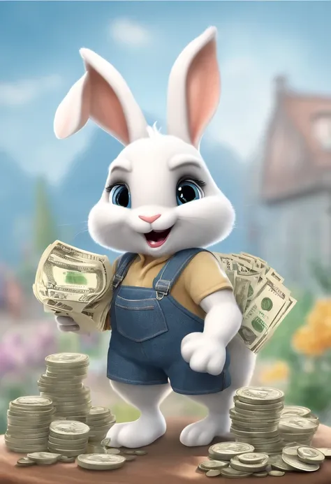 (((Cartoon Character 1.3)))，(((Counting money, counting money)))，(((A cute bunny：1.4)))，The rabbit wears a speckled vest，Denim shorts on the bottom，Naughty expression，HD Real，Black eyes，Flying figure，HD picture，1/3. Leave blank，Sony SLR lens，Shoot at mediu...