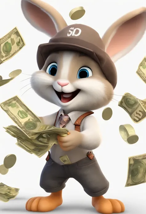 (((Cartoon Character 1.3)))，(((Counting money, counting money：1.2)))，(((A cute bunny：1.4)))，The rabbit wears a speckled vest，Denim shorts on the bottom，Naughty expression，HD Real，Black eyes，Flying figure，HD picture，Large areas of white space，Sony SLR lens，...