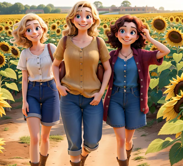 HD, (best detail), (Best quality), Disney, Three women in a sunflower field, Smiling happily, Ultra HD, retinas, Masterpiece, Super detail, Award-winning, Best quality, high resolution, High quality, 1080p, HD,