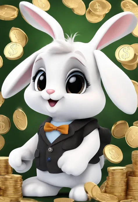 (((Cartoon Character 1.3)))，(((Counting money, counting money)))，(((A cute bunny：1.4)))，The rabbit wears a blue spotted waistcoat，Black denim shorts underneath，Naughty expression，HD Real，Black eyes，Flying figure，HD picture，Large areas of white space，Sony S...