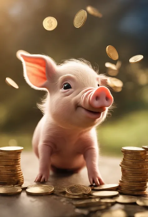 (((Cartoon Character 1.3)))，(((Counting money, counting money)))，(((A cute little piglet：1.4)))，Wears a spotted vest on the top，Denim shorts on the bottom，Naughty expression，HD Real，Black eyes，Flying figure，HD picture，1/3. Leave blank，Sony SLR lens，Shoot a...