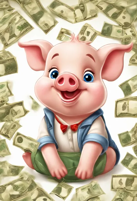 (((Cartoon Character 1.3)))，(((Counting money, counting money)))，(((A cute little piglet：1.4)))，Wears a spotted vest on the top，Denim shorts on the bottom，Naughty expression，HD Real，Black eyes，Flying figure，HD picture，1/3. Leave blank，Sony SLR lens，Shoot a...