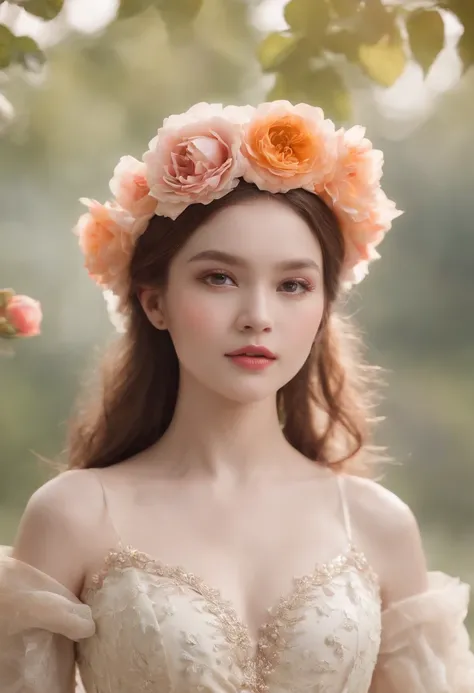 1girll,(full body Esbian:1.4),Polycystic ovary,bare-legged,独奏,Hatflower,
Cinematic lighting,strong contrasts,Romantic realist style,high level of detail,(Fairytale scenes),Rose,Yellowflower,Red flower,Bird,unit,make up,gemstone,Head dress,Dress,Bare should...