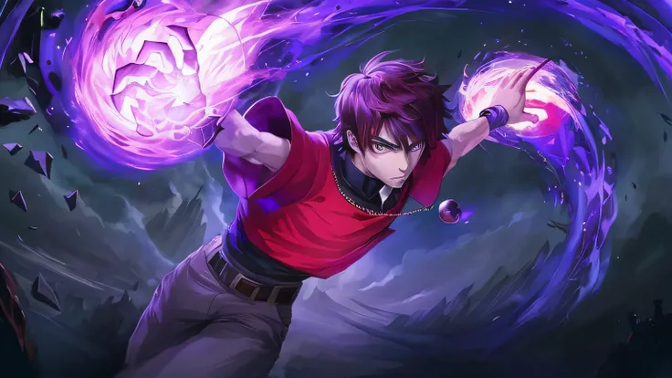 anime, A man in a red shirt and a purple shirt holds a purple ball, Epic anime style, arcane art style, painted in the style arcane, young shadow mage male, wiccan, skinny male fantasy alchemist, spellcasting pose, human and dragon fusion, arcane from netf...