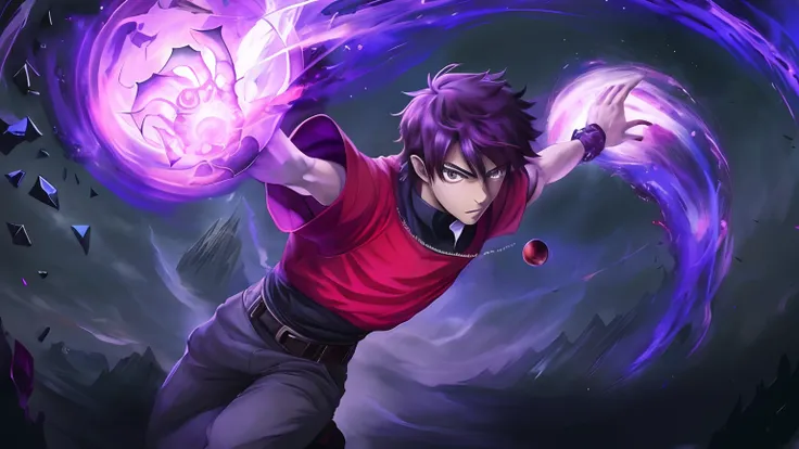 anime, A man in a red shirt and a purple shirt holds a purple ball, Epic anime style, arcane art style, painted in the style arcane, young shadow mage male, wiccan, skinny male fantasy alchemist, spellcasting pose, human and dragon fusion, arcane from netf...