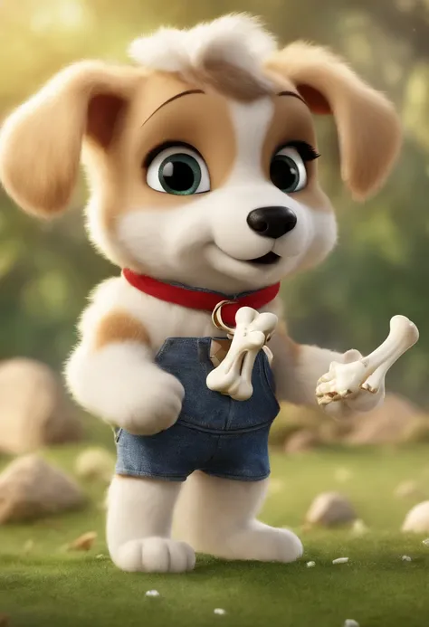 (((Cartoon Character 1.3)))，(((Being standing up)))，(((A cute super cute puppy with a bone in his mouth：1.4)))，Wears a spotted vest on the top，Denim shorts on the bottom，Naughty expression，HD Real，Black eyes，Flying figure，HD picture，1/3. Leave blank，Sony S...