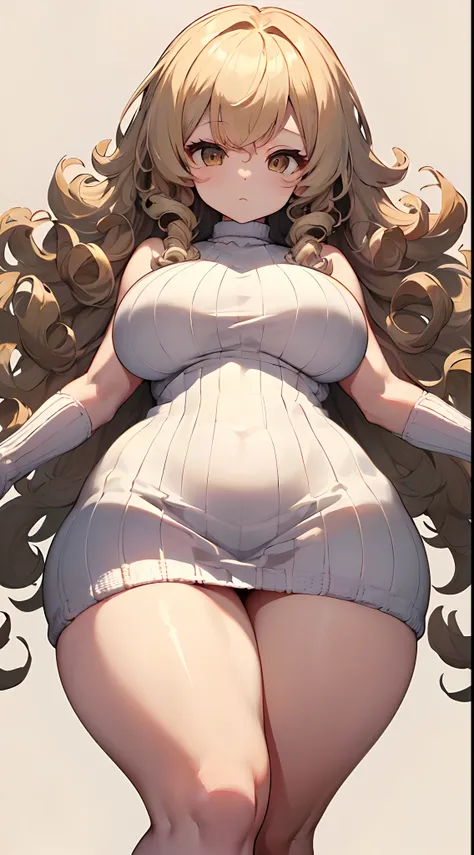 a high chroma、​masterpiece、top-quality、hight resolution、extremely delicate and beautiful、beutiful breast、femele１a person、((独奏、femele１a person、Beige hair、Single-color background、white backgrounid、Longhaire、Curly hair、Knitted dresses、thick legs、thick thighs)...