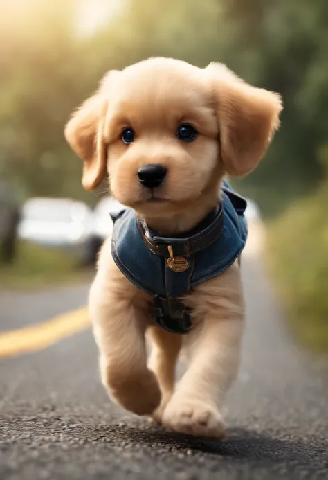 (((Cartoon Character 1.3)))，，(((A cute super cute puppy running on the road：1.4)))，Wears a spotted vest on the top，Denim shorts on the bottom，Naughty expression，HD Real，Black eyes，Flying figure，HD picture，1/3. Leave blank，Nikon SLR lenses，Shoot at medium d...