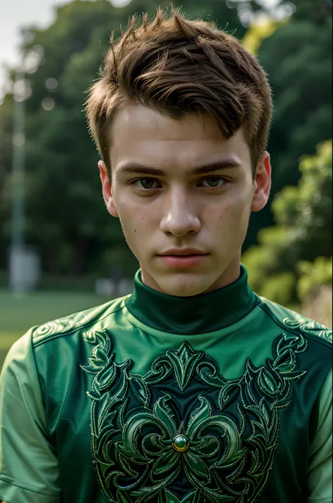 Portrait of young and handsome men,16years old, Fanatical Face, in a green field against a sharp focus background, Studio photography, intricate details, Highly detailed, enamel,Mysterious lighting, upper-body