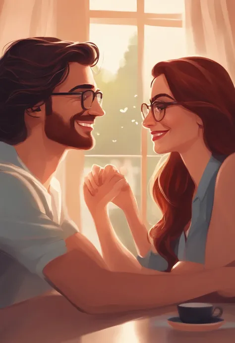 An illustration of an adorable couple, Highlight for a white woman with long straight black hair and glasses and a red-haired woman with wavy hair with beautiful expressive eyes - the skin of the two is white.  They are a bright room, cada um com um sorris...