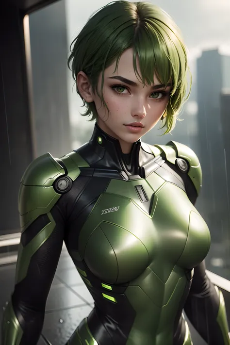 18 yo girl, green metallic superhero suit, short blunt hair, green, beautiful face, rain, roof, masterpiece, intricate detail, perfect anatomy