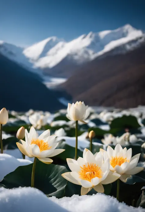 (((HD wallpaper 1.3)))，，(((A few white snow lotuses grow high on a snow-capped mountain))),The screen is filled with golden sunlight，HD picture，1/3. Leave blank，Nikon SLR lenses，Shoot at medium distance，Soft lighting，tmasterpiece