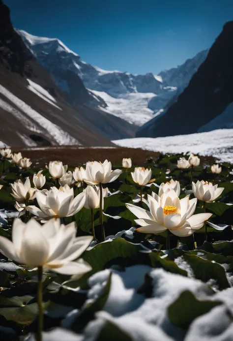 (((HD wallpaper 1.3)))，，(((A few white snow lotuses grow high on a snow-capped mountain))),The screen is filled with golden sunlight，HD picture，1/3. Leave blank，Nikon SLR lenses，Shoot at medium distance，Soft lighting，tmasterpiece