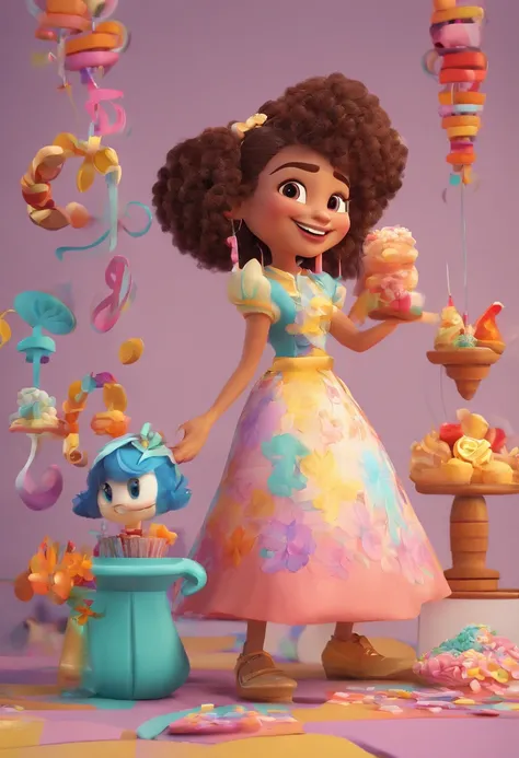 Create a Disney Pixar-inspired 3D movie poster. The scene should be in Pixars signature digital art style, featuring a cartoonish image of a light-skinned woman with curly black hair, smiling as she shows off the work she loves to do. She is an artisan and...