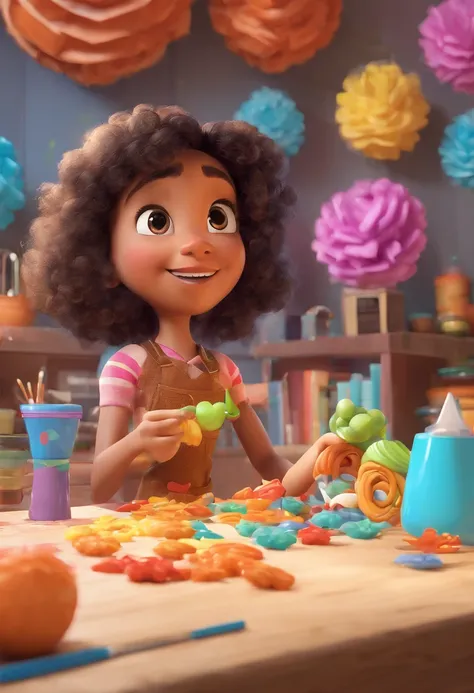 Create a Disney Pixar-inspired 3D movie poster. The scene should be in Pixars signature digital art style, featuring a cartoonish image of a light-skinned woman with curly black hair, smiling as she shows off the work she loves to do. She is an artisan and...