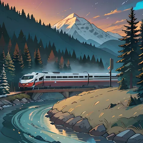 High-speed train, mountain background, twilight, pine forest, river,