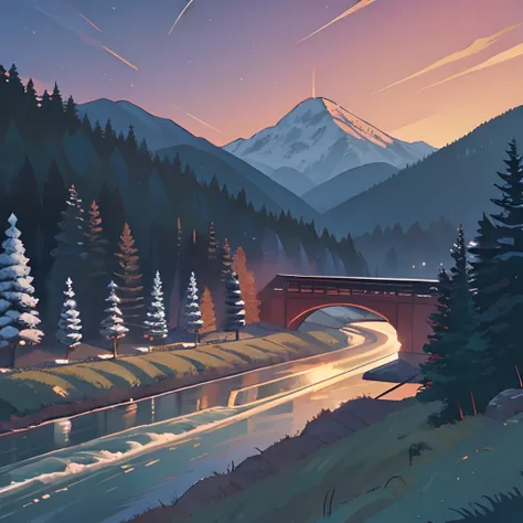 High-speed train, mountain background, twilight, pine forest, river,