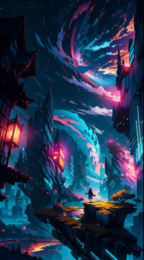 Anime girl standing on a rock looking at iridescent sky, makoto shinkai cyril rolando, anime art wallpaper 4k, anime art wallpaper 4k, Anime art wallpaper 8k, cosmic sky. by makoto shinkai, inspired by Cyril Rolando, in the style dan mumford artwork, amazi...