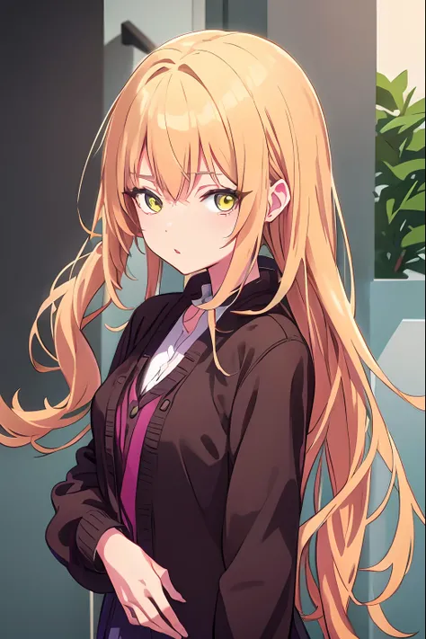 fille d’anime avec de longs cheveux blonds et une veste noire, Visuel d’anime d’une fille mignonne, Détails fins. Les filles de première ligne, Anime Moe Artstyle, Art officiel, marin kitagawa fanart, fille blonde d’anime aux cheveux longs, Style de premiè...