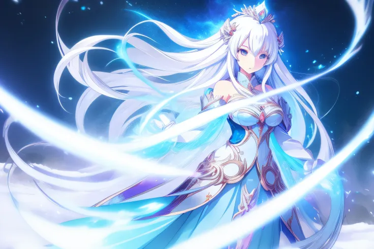 anime girl with long white hair and a blue dress in the snow, white haired deity, white hair floating in air, anime fantasy illustration, flowing white hair, beautiful young wind spirit, beautiful fantasy anime, glowing flowing hair, ethereal anime, beauti...