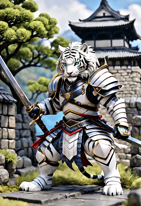 full body Esbian、Cool White Tiger、Villain White Tiger、Menacing White Tiger、figurine、Knight Armor、odd eye、Holding a Japan sword、diorama、symple background、Fortress background、​masterpiece, Best Quality, Capture super cute moments, depth of fields, ultra-deta...