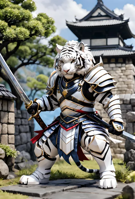 full body Esbian、Cool White Tiger、Villain White Tiger、Menacing White Tiger、figurine、Knight Armor、odd eye、Holding a Japan sword、diorama、symple background、Fortress background、​masterpiece, Best Quality, Capture super cute moments, depth of fields, ultra-deta...