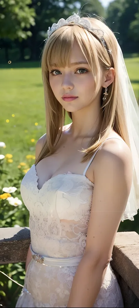 A girl,16 year old,european countryside,blonde,bangs bangs,pretty face,wedding dress,thick muscular arms