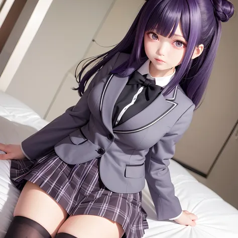 The upper part of the body、女の子1人、greyt hair、Bun hair、Purple Eye、Piece It Piece、uniform Blazer、short plaid skirt、、large full breasts、She wears black knee-length shiny tights、Japan anime-style odd-eye,