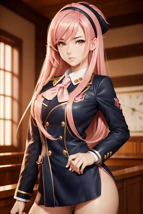 (8k, 4k, high resolution,masterpiece, best quality:1.3, anime style), 1girl and jotaro kujo, nice hands, cowboy shot, upper body, flirting, 18yo, beautiful hips, pink hair, straight hair, party hair, hazel eyes, front layers hairstyle, thick thigh, pink ey...