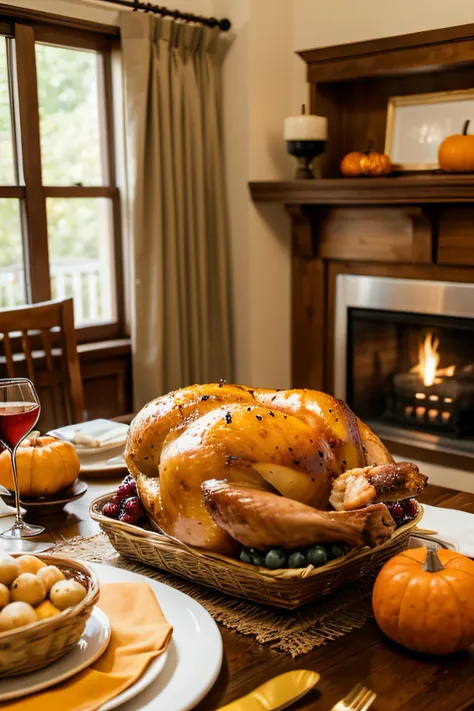 Thanksgiving holiday vibe，An American family room in the 80s has a roast turkey on the table，Fruits such as pumpkins are placed in bamboo baskets，It was snowing outside the window，a warm color palette