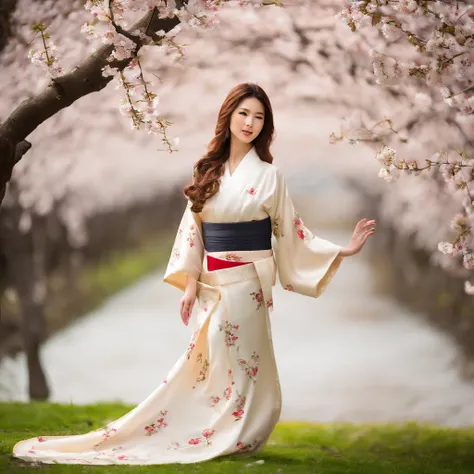 wallpaper hd，(((A stunning Japanese female model：1.3))),White kimono，((High-definition real expressions)),Stand under a cherry blossom tree in full bloom，slimfigure，The screen is filled with golden sunlight，HD picture，1/3. Leave blank，Nikon SLR lenses，Shoo...