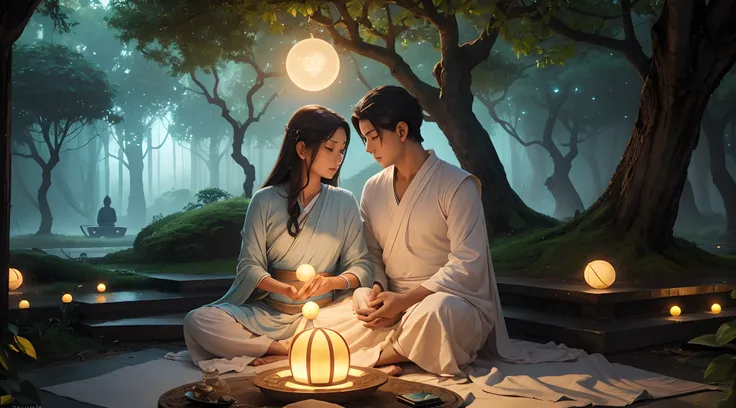 Explanation: For a more artistic and eye-catching thumbnail, we will create a slightly surreal and dreamy composition. The image will feature Gautam Buddha and the young man in a contemplative embrace under the Bodhi tree, surrounded by floating, glowing o...