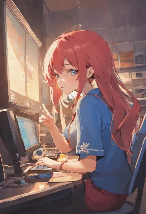 Arad woman in blue shirt sitting in front of computer, Porquimane, ruan cute vtuber, Chinese girl, Korean Girl, beautiful Korean women, young cute wan asian face, Gorgeous young Korean woman, girl cute-fine face, dilraba dilmurat, xintong chen, twitch stre...