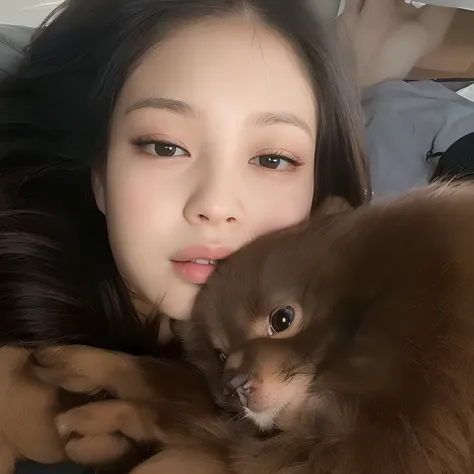 There is a woman holding a small brown dog on her lap, Blackpink Jennie, Jossi de Blackpink, Lalisa Manobal, Jisoo de Blackpink, Song Hye - Kyo, Parque Ji-min, her face looks like an orchid, Heonhwa Choe, Krystal, Parque Roseanne de Blackpink, with cute do...