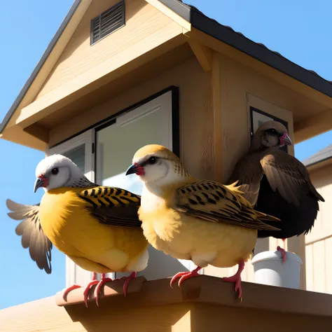 White-tailed yellow-tailed chickens stand on the coop, beating their wings bowl.