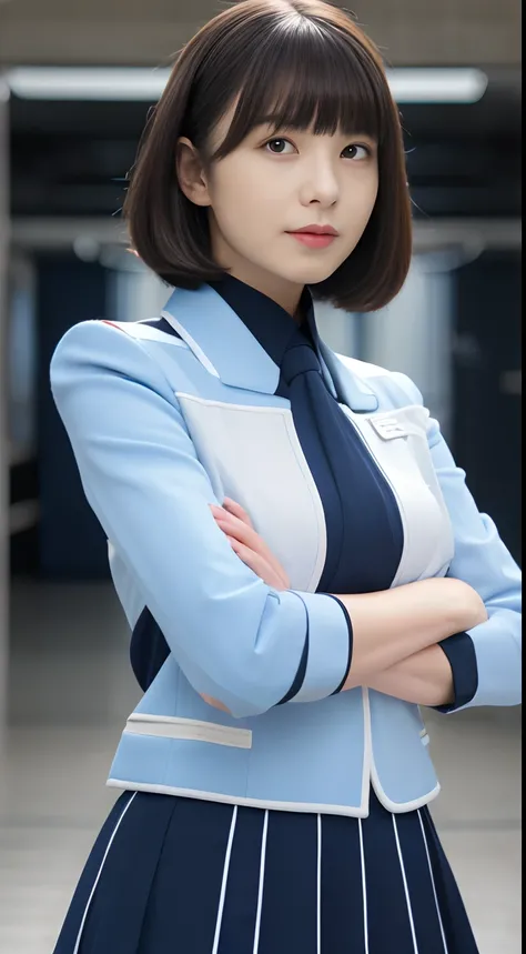 (Highest resolution, distinct_image), Best quality, Masterpiece, Highly detailed, Half realistic, A woman with black shoulder-length hair, Black pupils, mature, Mature woman, Imperial sister, Sexy, Short hair, Three bangs, Light blue uniform, Light blue un...