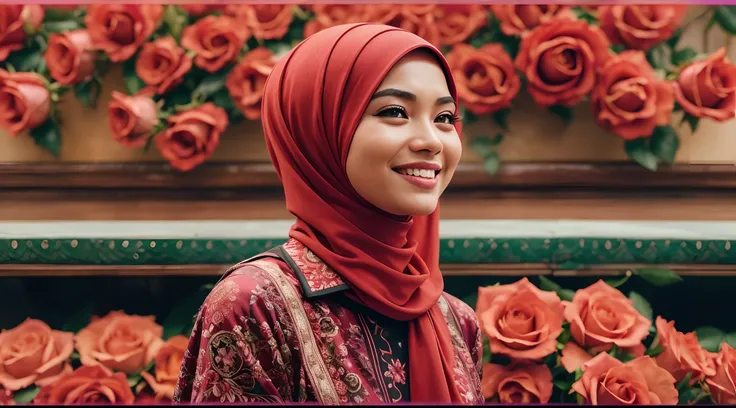 A film still of Beautiful malay women with hijab stand infront of wall full of red rose flower, lot of red rose on the back, bokeh, smiling and happy, style raw, in the style of Grand Budapest Hotel directed by Wes Anderson , low saturation, Super 8mm lens...