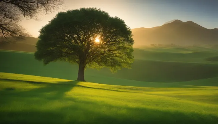 A green steppe，There is a big tree in the middle，It is surrounded by rolling hills，Surrounded by large trees，A ray of light shone on the tree(Tyndall Effect 2.0)，The picture is quiet and serene