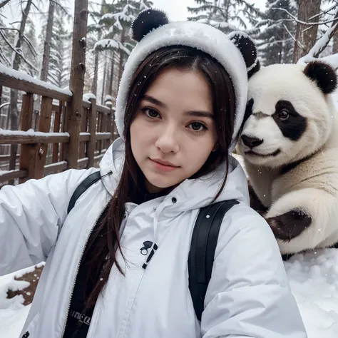 Portrait of an 18 year old woman taking a selfie with a panda at close range, wearing a jacket, snow background