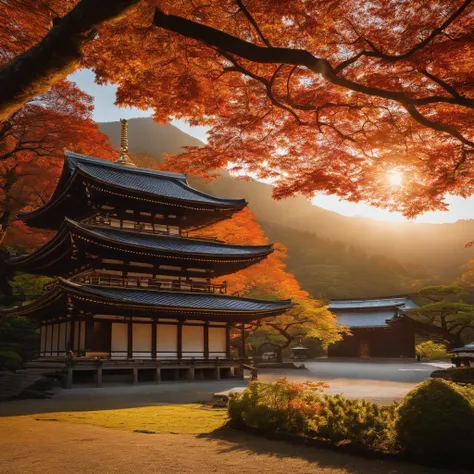 wallpaper hd，(((An exquisite Japanese temple in autumn：1.3))),Large lawn、2 Buddha statues，(HD Real),，The screen is filled with golden sunlight，HD picture，1/3. Leave blank，Nikon SLR lenses，Shoot at medium distance，Soft lighting，Ultra high quality，tmasterpie...